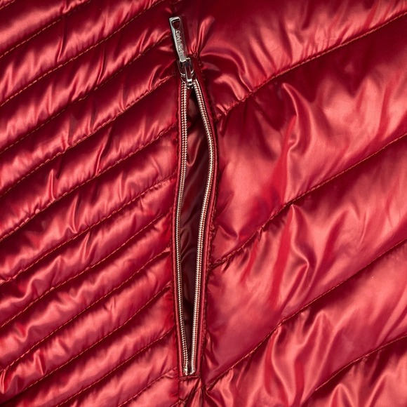 Calvin Klein Puffer Down Jacket Hooded Red Womens 1X Plus Shiny Zip Pockets - Picture 10 of 10